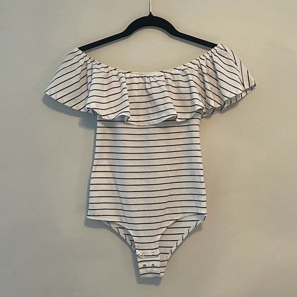 J. Crew Tops - J. Crew Black and White Striped Off the Shoulder Ruffled Bodysuit